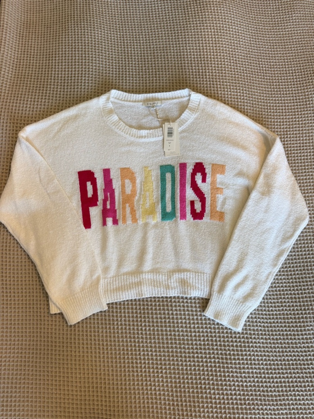Z Supply White Knit Sweater with Colorful Block Letters